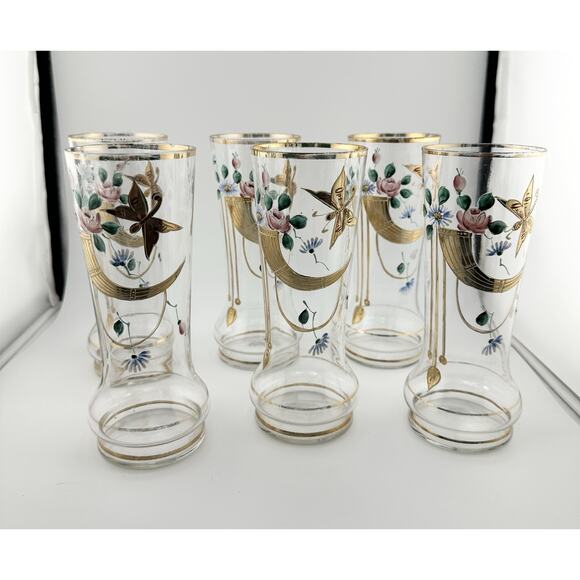 Antique Bohemian Set of 6 Enameled Tall Glasses Art Nouveau Butterflies 6" Tall - Picture 2 of 9